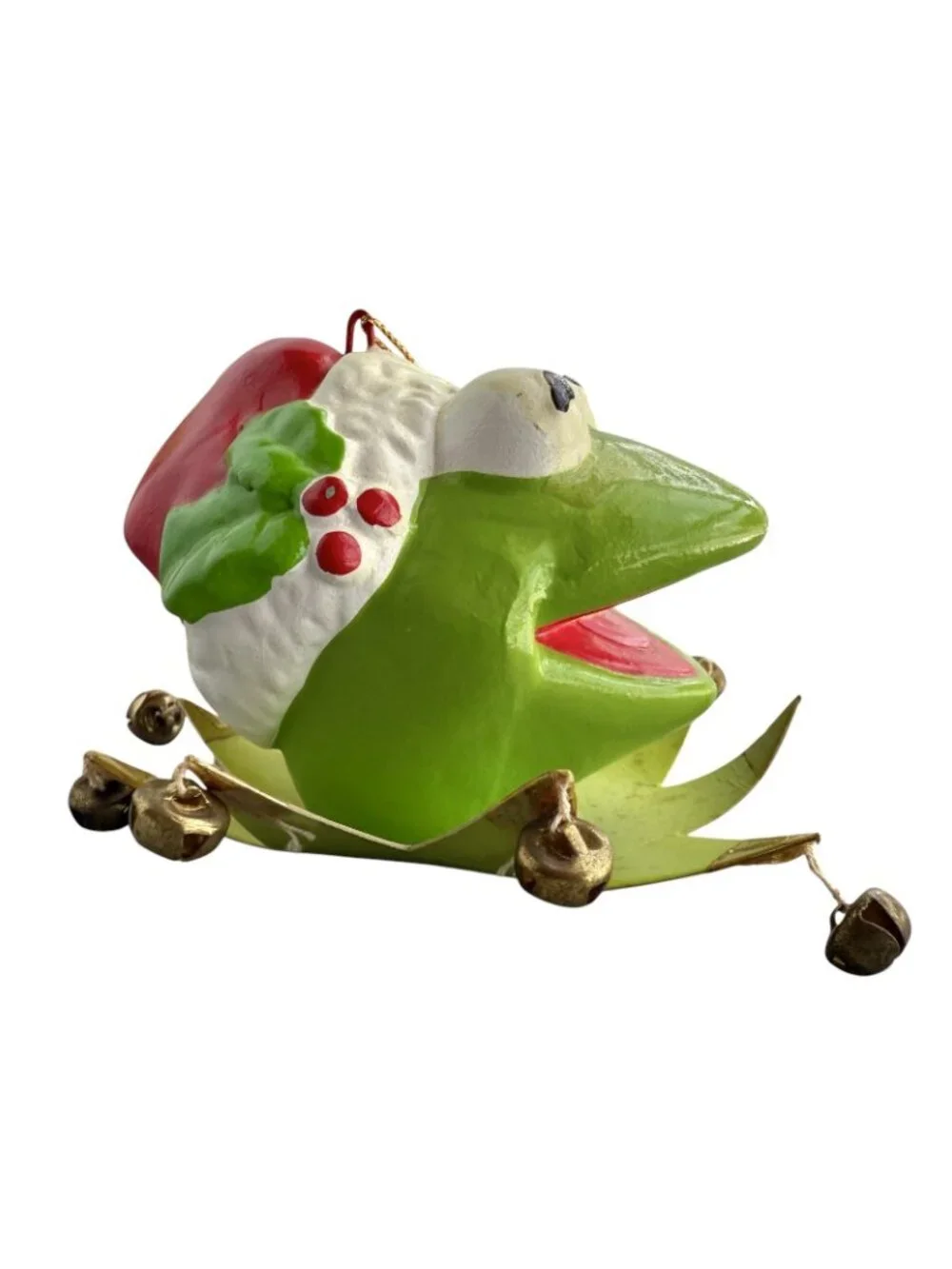 VTG Kermit Frog Head w/ Bells Paper Mache Tree Ornament 1981 Jim Henson w/ Box